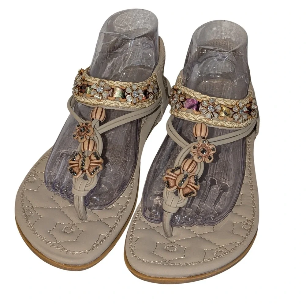 Boho Beaded Floral Butterfly Sandals Beige Elastic Slingback Flat Size 11 NEW‎